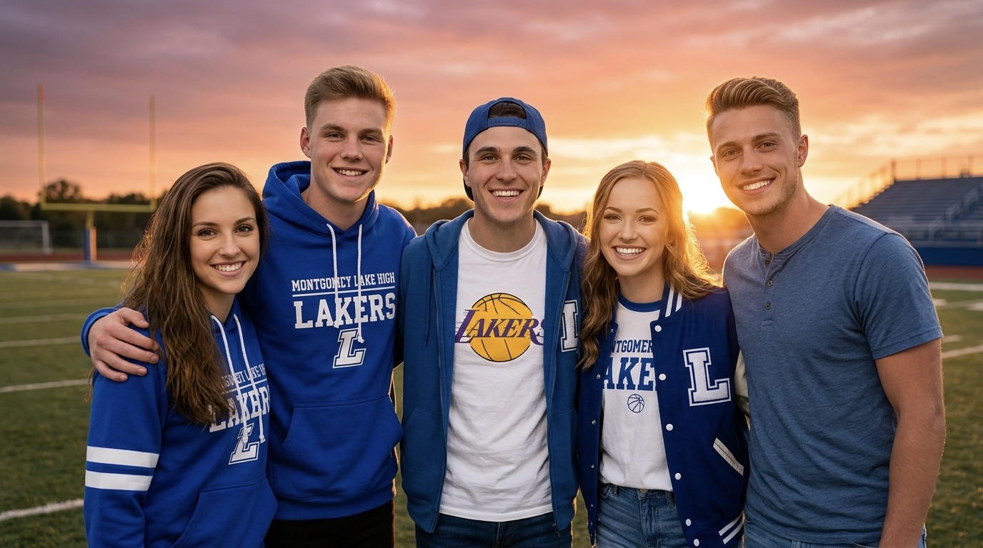 A group of five students wearing blue and white school spirit apparel poses together on a football field during sunset.