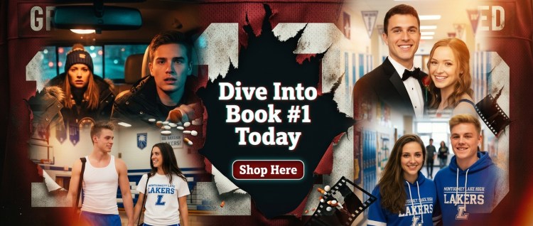 A promotional image for a book featuring multiple scenes of young adults engaged in various activities, including athletic and formal settings. Text overlay encourages viewers to 'Dive Into Book #1 Today' with a 'Shop Here' button.