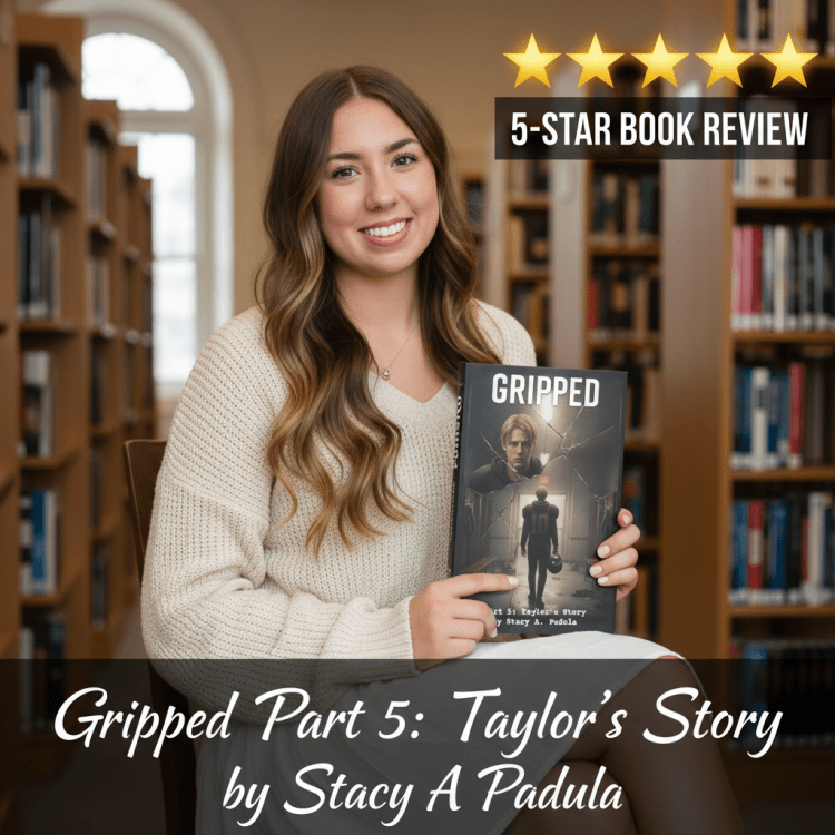 A young woman sitting in a library holding a book titled 'Gripped Part 5: Taylor's Story' by Stacy A Padula, showcasing a 5-star book review.
