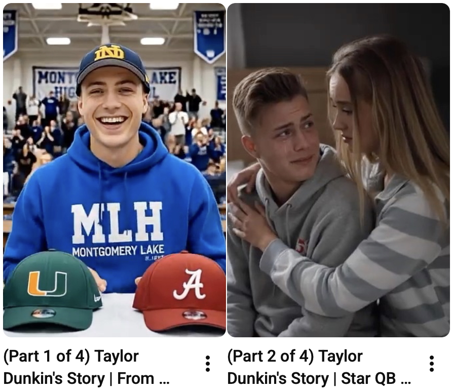 A smiling young man in a blue hoodie holding baseball caps for the University of Miami and the University of Alabama, with an enthusiastic crowd in the background.