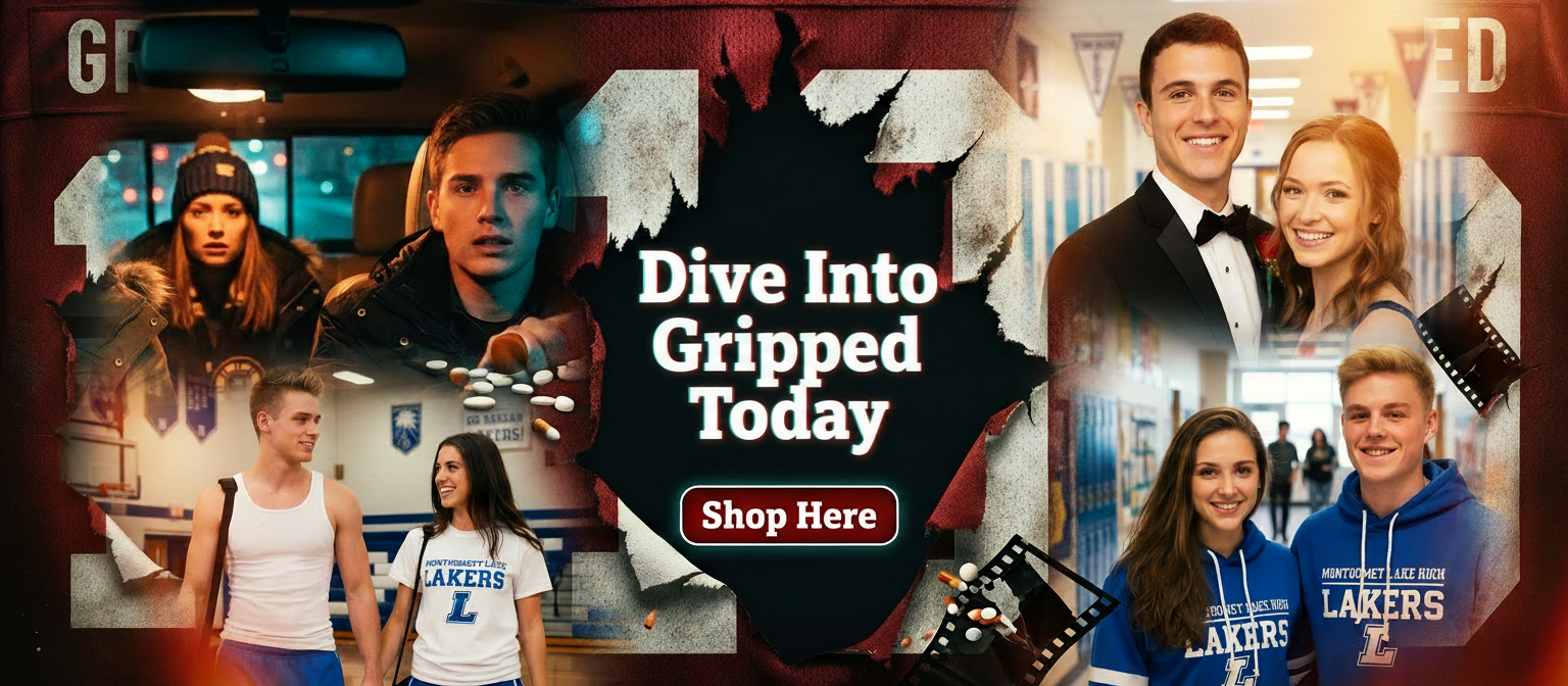 A promotional image for a product or show titled 'Gripped,' featuring various scenes of young people in different settings, including a car, a gym, and a school hallway. Text overlay urges viewers to 'Dive Into Gripped Today' and 'Shop Here.'