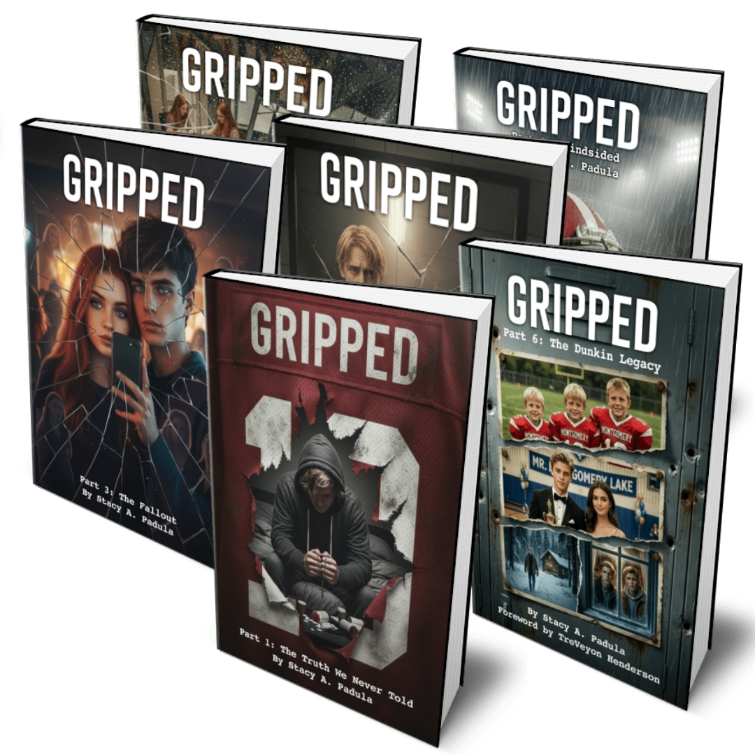 A collection of six books titled 'Gripped,' featuring various covers that depict different themes and characters. The books include titles like 'Part 1: The Fallout,' 'Part 2: The Truth We Never Told,' and 'Part 6: The Dunkin Legacy,' all by author Stacy A. Padula.