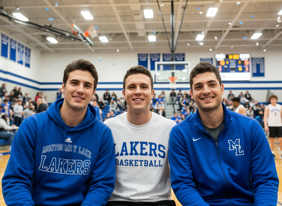 Three young men smiling and sitting together in a gymnasium, wearing blue and white Lakers apparel, with a basketball court and crowd in the background.