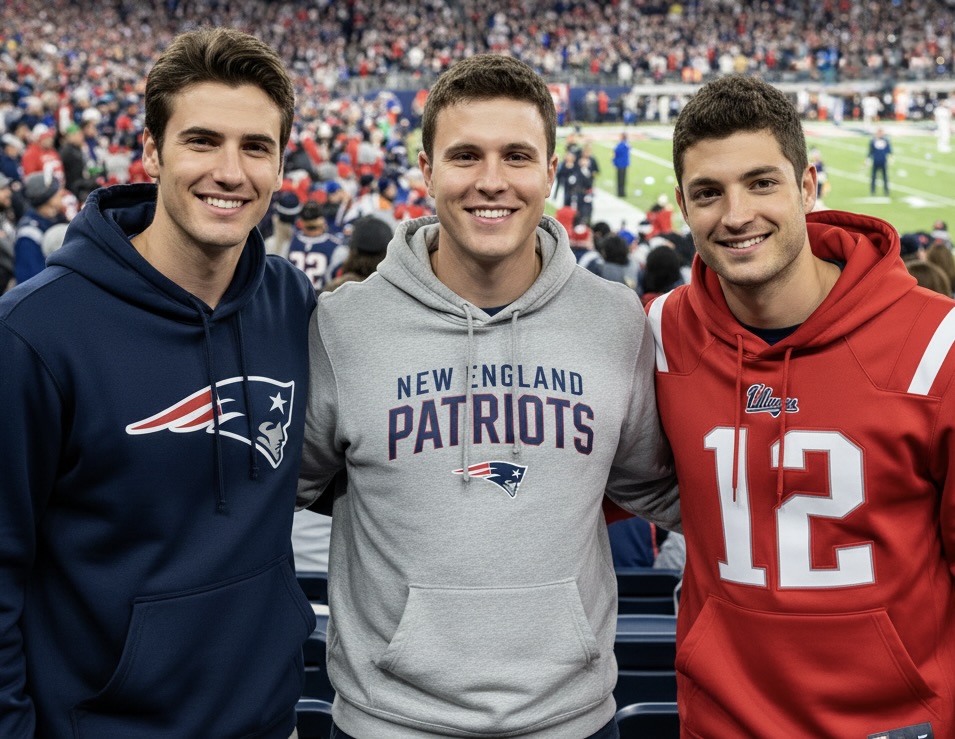 Three fans posing together at a football game, wearing New England Patriots apparel, with a stadium full of spectators in the background.