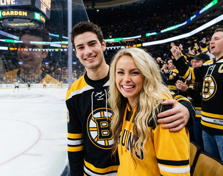 A young couple smiles for a photo at a hockey game, wearing Boston Bruins jerseys. The background shows excited fans in the stands.