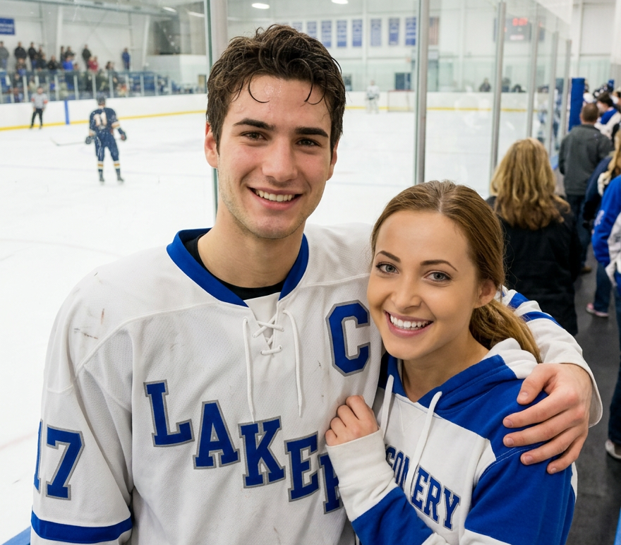 A smiling young man in a white hockey jersey with 'LAKERS' and the letter 'C' on it, stands with his arm around a smiling young woman wearing a blue and white hoodie. They are posing for a photo at an ice rink, with a hockey game happening in the background.