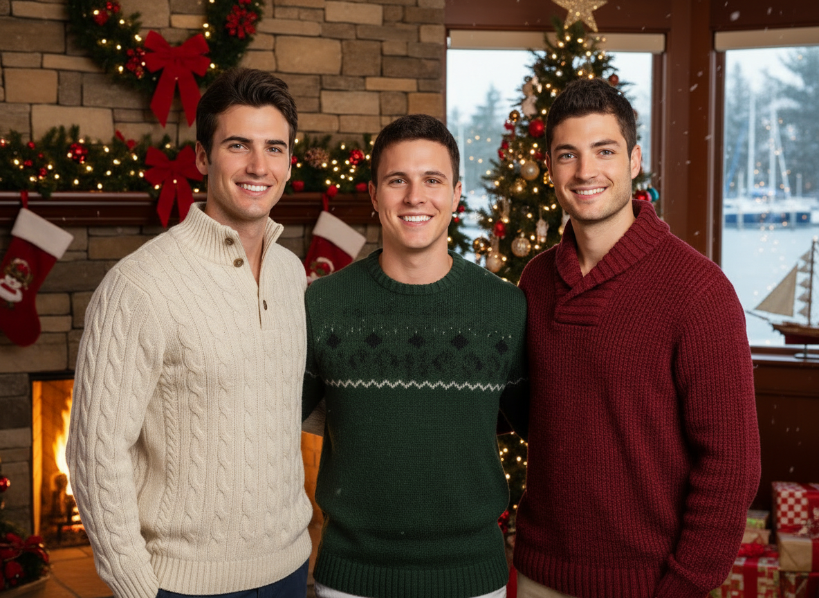 Three young men smiling in front of a festive holiday setting with a Christmas tree and stockings, wearing cozy knit sweaters.