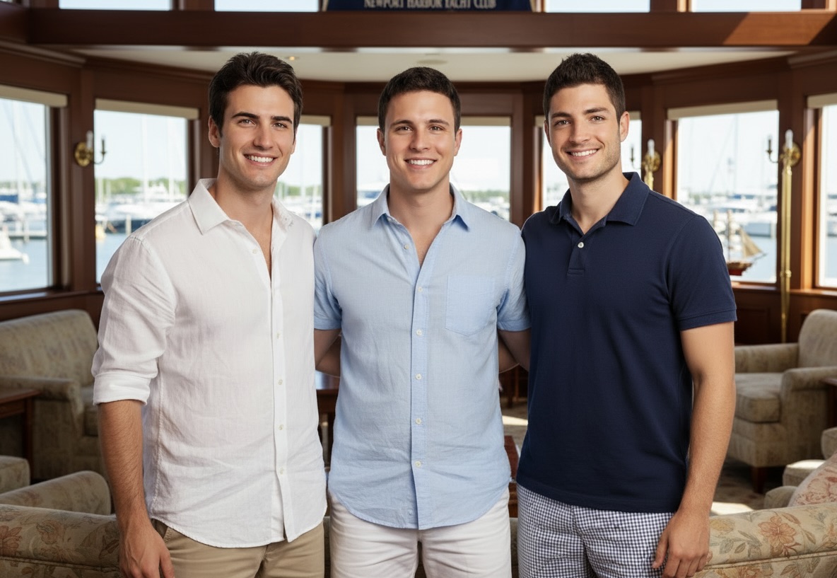 Three young men smiling together in a yacht club setting, with a view of boats in the background.
