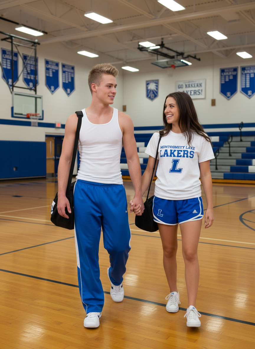 A young man and woman walk hand in hand in a school gym, both dressed in athletic clothing featuring the Montgomery Lake Lakers logo.