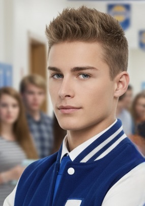 A young male student wearing a blue varsity jacket, with short, styled hair and piercing blue eyes, standing confidently in a school hallway.