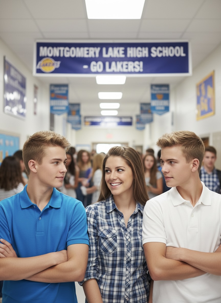 Three high school students standing in a hallway, smiling and engaging with each other, with 'Montgomery Lake High School - Go Lakers!' banner visible in the background.