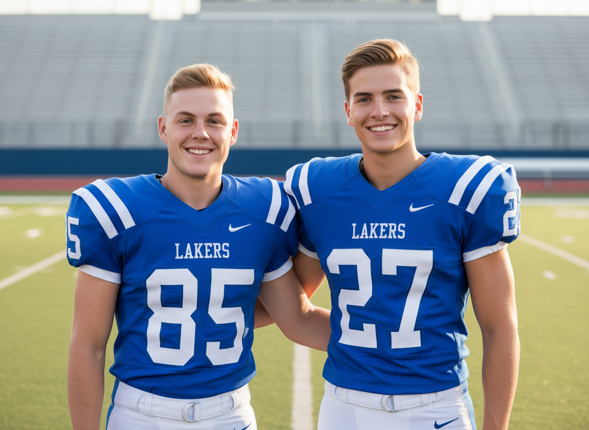Two high school football players posing together on a field, wearing blue jerseys with the number 85 and 27, smiling at the camera.