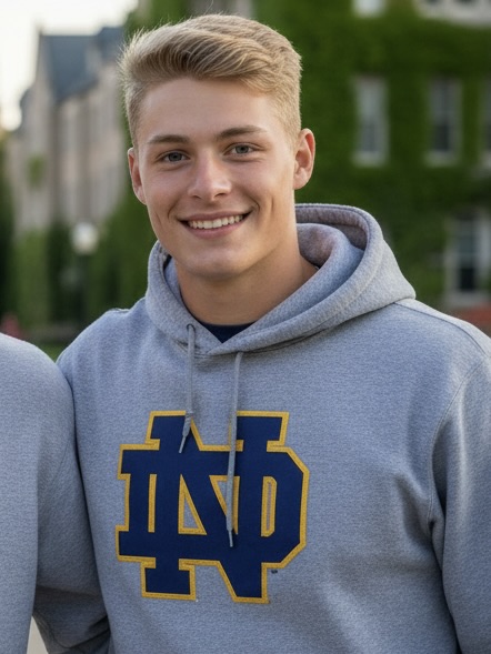 A young man smiling while wearing a gray hoodie with the Notre Dame logo.