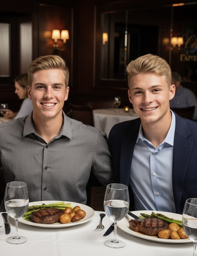 Two young men smiling at a restaurant table, each with a plate of steak, potatoes, and asparagus, and water glasses in front of them.