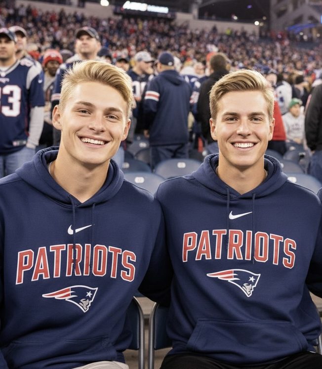 Two smiling young men wearing navy hoodies with 'PATRIOTS' printed on them, seated in a stadium filled with fans.