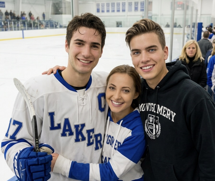 Three friends posing together at an ice hockey rink, with one wearing a hockey jersey and holding a stick.