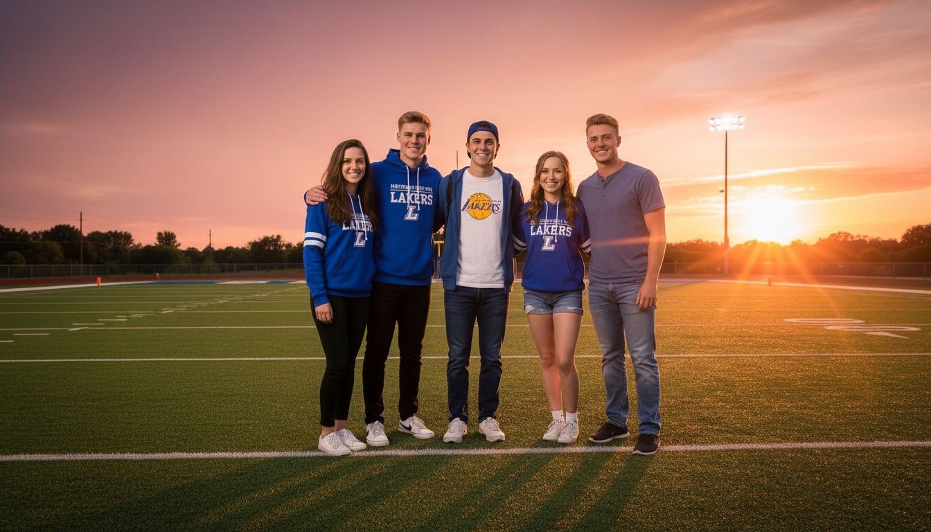 Five young adults standing together on a football field during sunset, wearing blue and white sports attire with 'Lakers' branding.