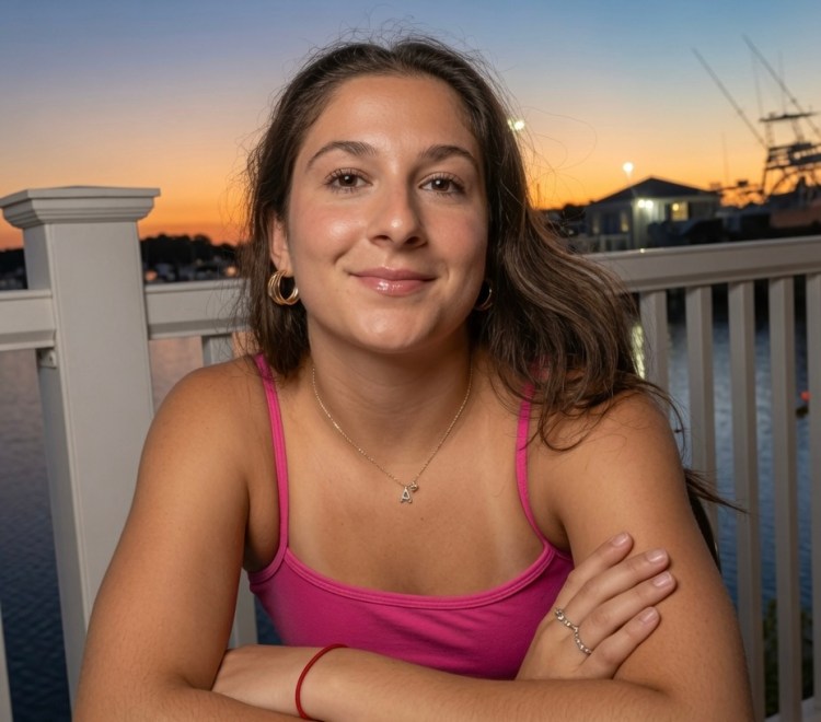 A smiling young woman with long hair sits against a sunset backdrop, leaning on a railing while wearing a pink tank top.