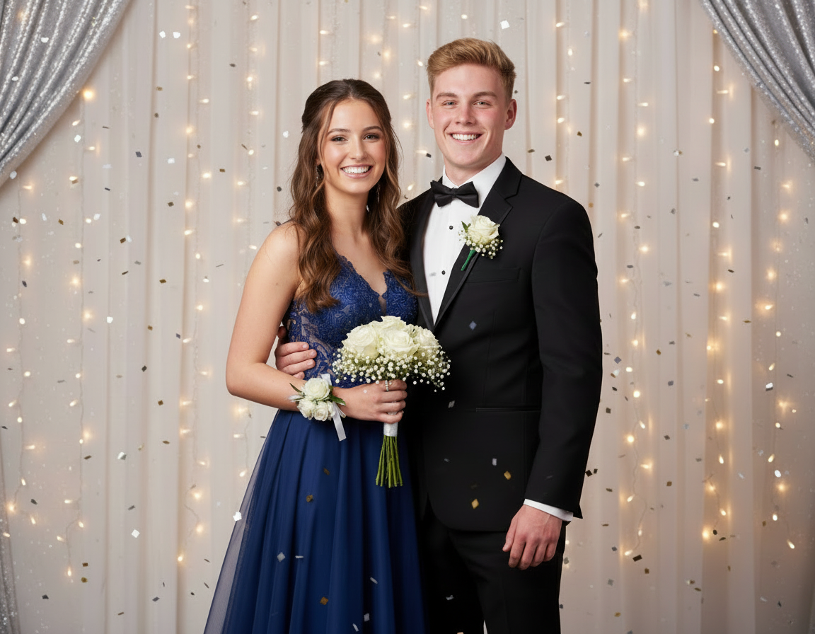 A young couple posing together in formal attire, with the woman in a blue gown holding a bouquet of white flowers and the man in a black tuxedo with a white boutonniere. They are standing in front of a backdrop decorated with soft lights and scattered confetti.