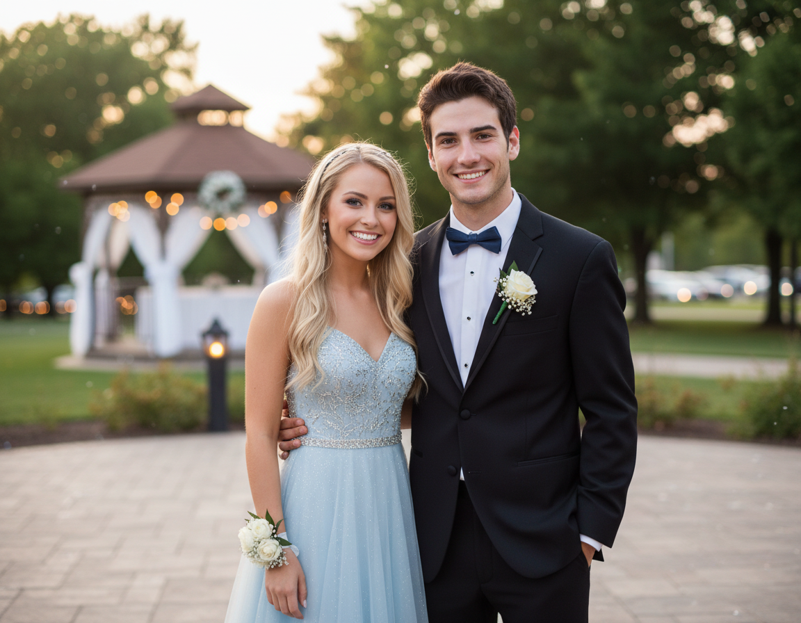 A young couple poses in formal attire outside a gazebo, with the woman wearing a light blue gown and the man in a black tuxedo. They appear happy and are surrounded by a park setting with trees and blurred lights in the background.