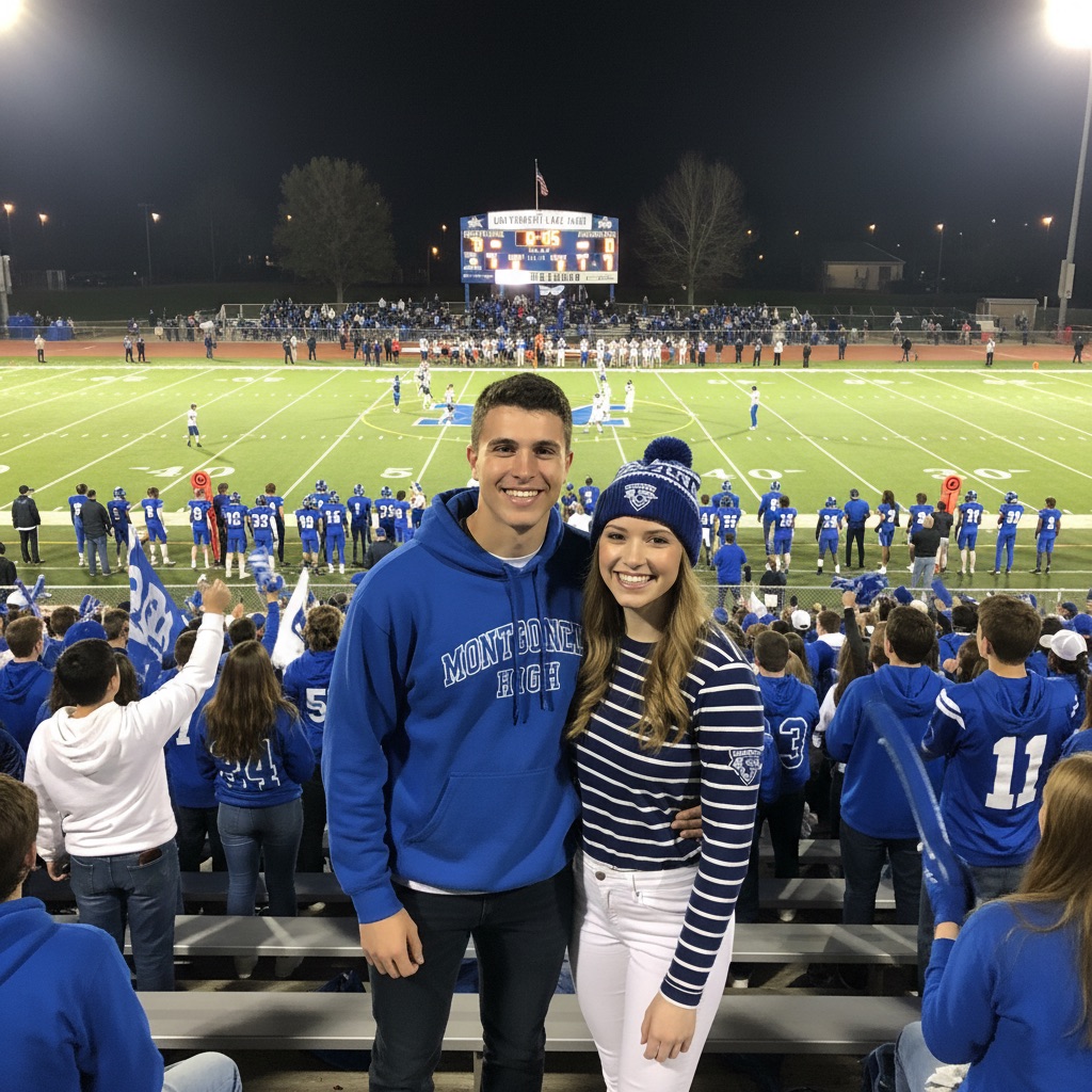 A young couple posing together at a high school football game, wearing blue attire, with a crowd and football field visible in the background.