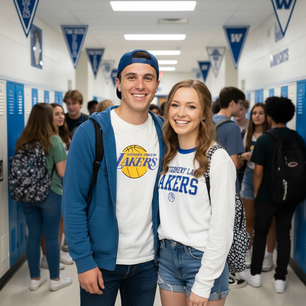Two high school students smiling together in a hallway, both wearing Lakers-themed apparel. The male student is in a hoodie and cap, while the female student is in a long-sleeve shirt and shorts. Other students are seen in the background near lockers.