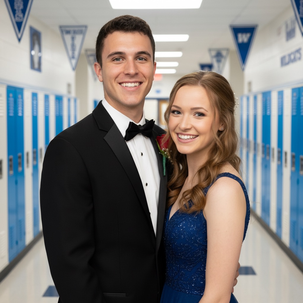 A smiling couple posing for a photo in a school hallway, the male wearing a black tuxedo and bow tie, and the female wearing a blue gown, holding a red rose.