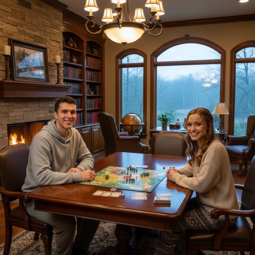 A cozy indoor scene featuring two young adults sitting at a wooden table in a well-lit room, playing a board game. The decor includes a stone fireplace, bookshelves, and large windows overlooking a natural landscape.