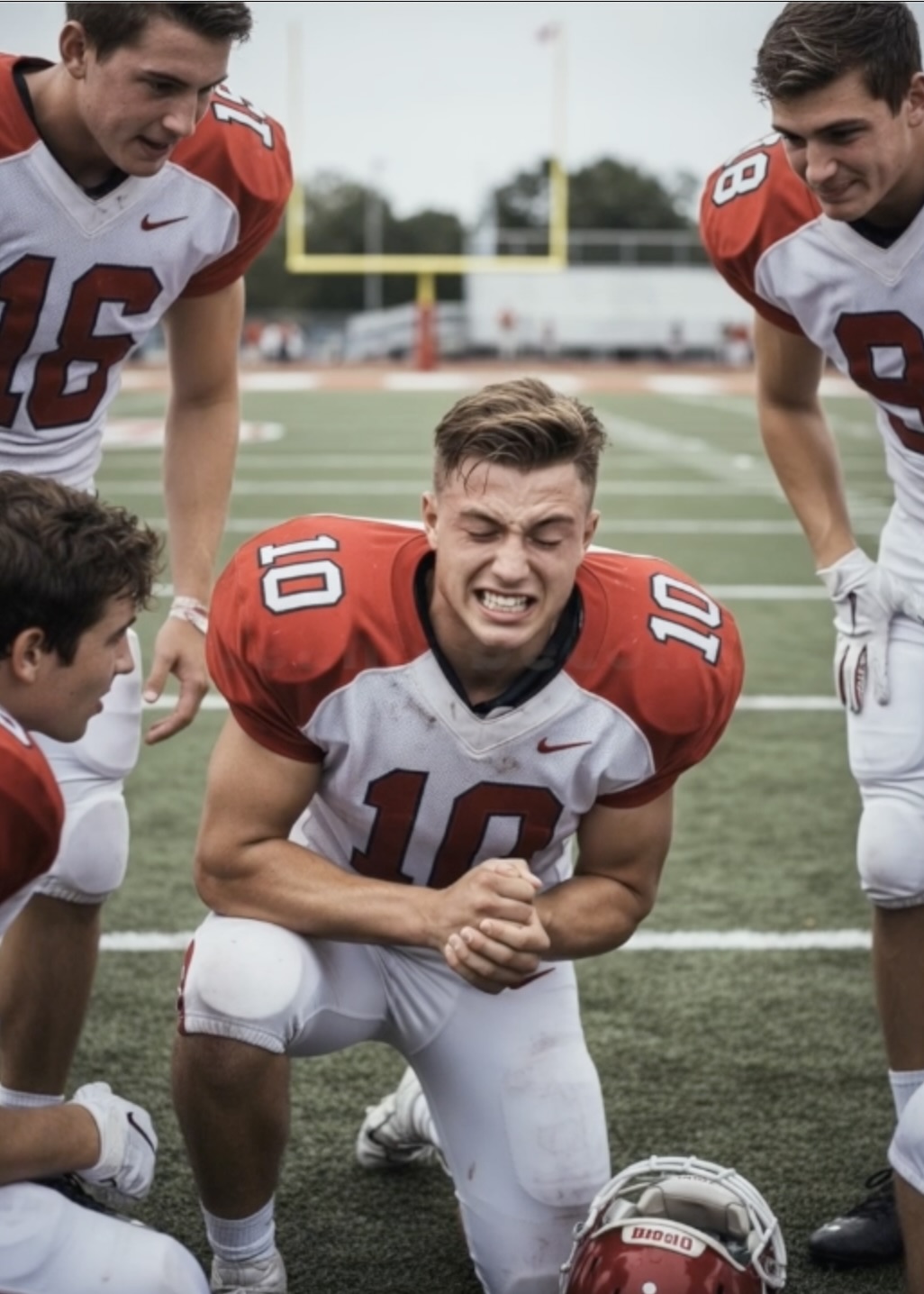 A high school football player in a red and white uniform, number 10, kneels on the field with a pained expression while three teammates surround him, one looking concerned.