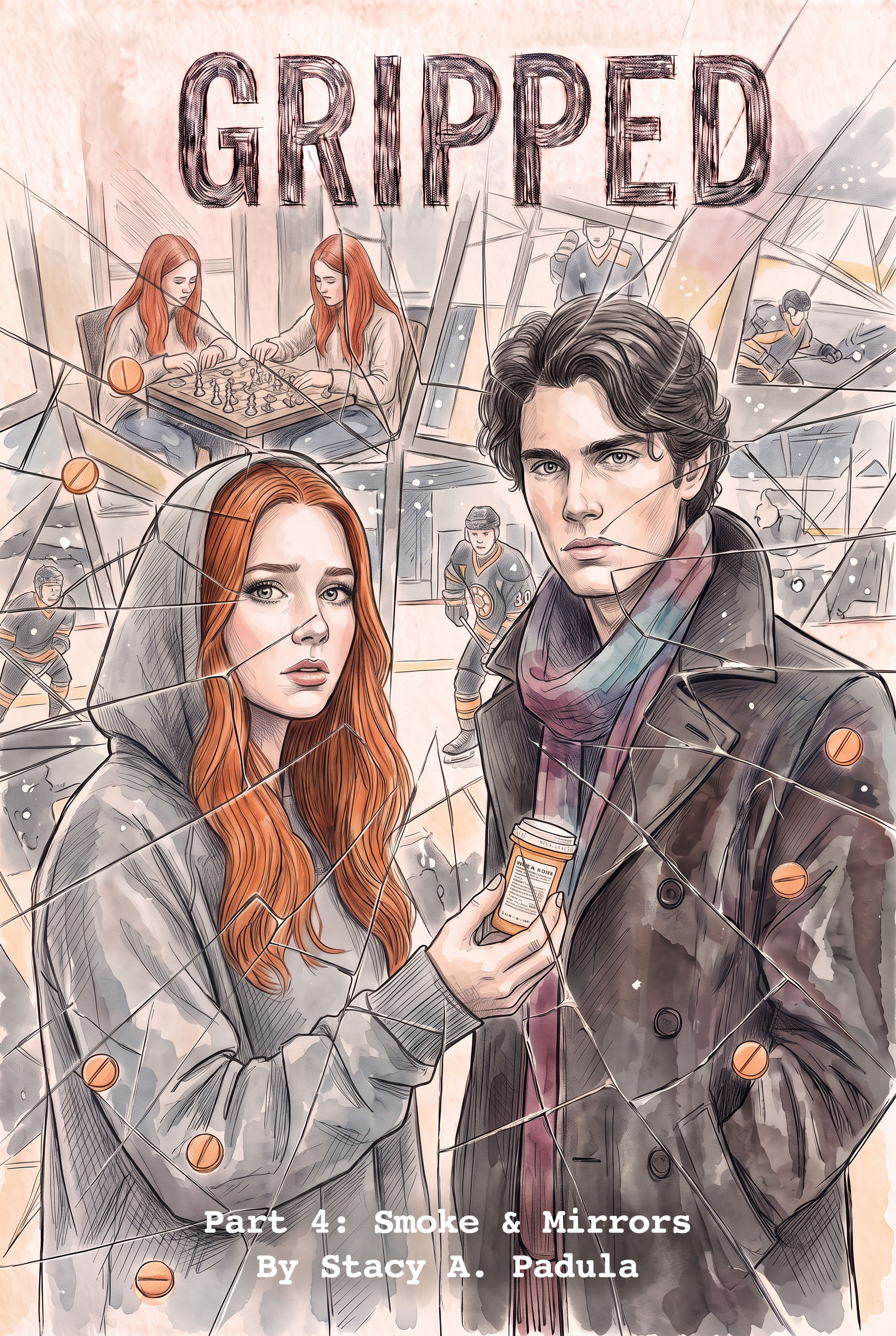 An illustration for the book 'Gripped: Part 4: Smoke & Mirrors' by Stacy A. Padula, featuring two characters, a young woman with long red hair in a gray hoodie and a young man in a dark coat, standing together with a concerned expression. The background includes scenes of individuals playing chess and ice hockey, depicted in a shattered glass effect.