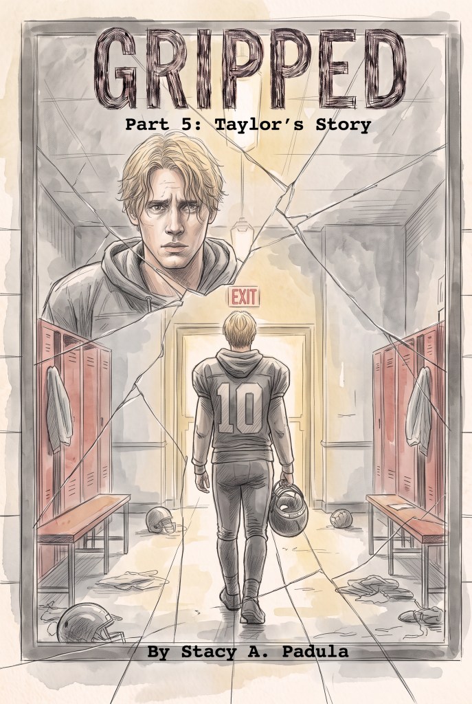 Book cover of 'Gripped: Part 5: Taylor's Story' featuring a young man in a hoodie looking back towards a football locker room, with a figure in a football uniform walking away towards an exit.