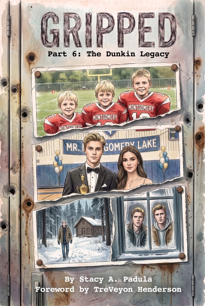 Cover of the book 'Gripped Part 6: The Dunkin Legacy' featuring four illustrated scenes: three boys in football uniforms, a young man in formal wear holding a trophy, a snowy cabin scene with a figure walking, and two boys looking out a window.