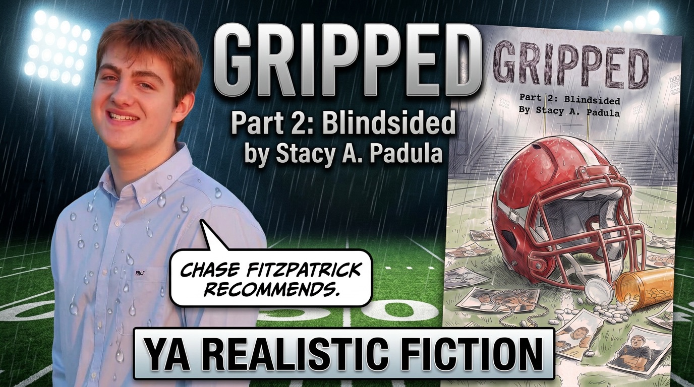 A young man smiling in a collared shirt with raindrops on it stands on a football field background, featuring a book cover titled 'Gripped: Part 2: Blindsided' by Stacy A. Padula. The cover shows a red football helmet and scattered photographs, with the text 'Chase Fitzpatrick recommends' and 'YA Realistic Fiction'.