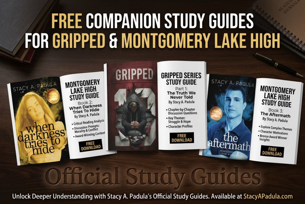 Image showcasing free companion study guides for the 'Gripped' series and 'Montgomery Lake High' by Stacy A. Padula, featuring book covers and downloadable content information.