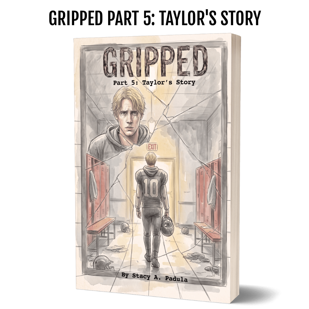 Book cover of 'Gripped: Part 5 - Taylor's Story' by Stacy A. Padula, featuring a young man in a locker room setting, facing an exit door while holding a football helmet. The background depicts broken glass and locker room elements.