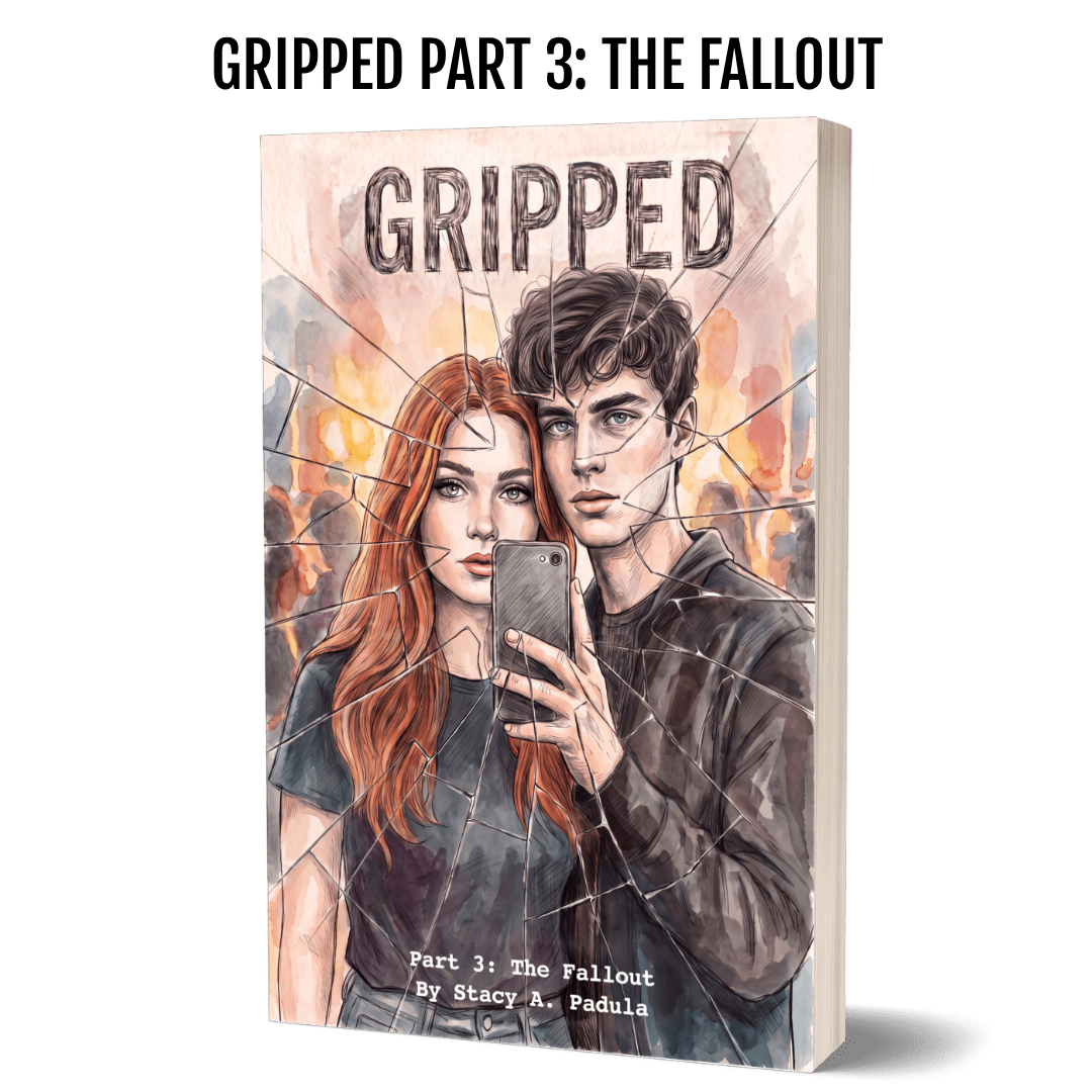 Book cover of 'Gripped: Part 3 - The Fallout' by Stacy A. Padula, featuring two young adults taking a selfie against a fiery background with a cracked glass effect.