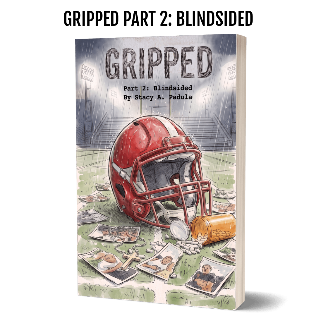 Book cover for 'Gripped: Part 2: Blindsided' by Stacy A. Padula, featuring a red football helmet on a football field with scattered photographs and a pill bottle.