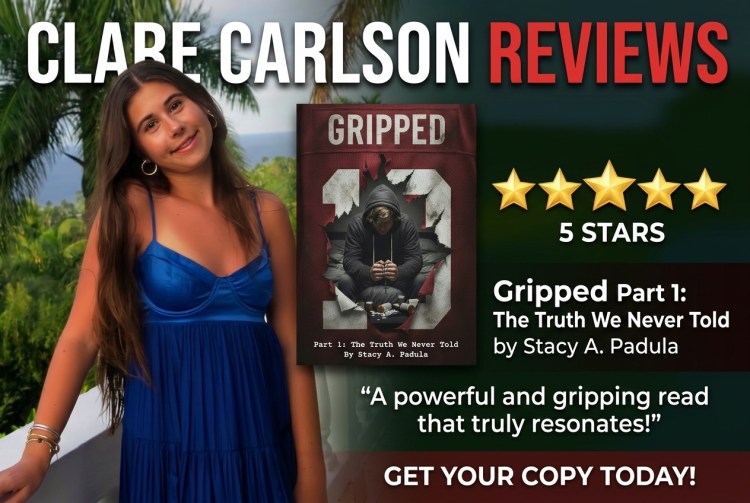 A woman in a blue dress poses outdoors with a backdrop of greenery, next to a book cover titled 'Gripped Part 1: The Truth We Never Told' by Stacy A. Padula, featuring a figure in a hoodie. The text highlights a 5-star review and a quote praising the book.