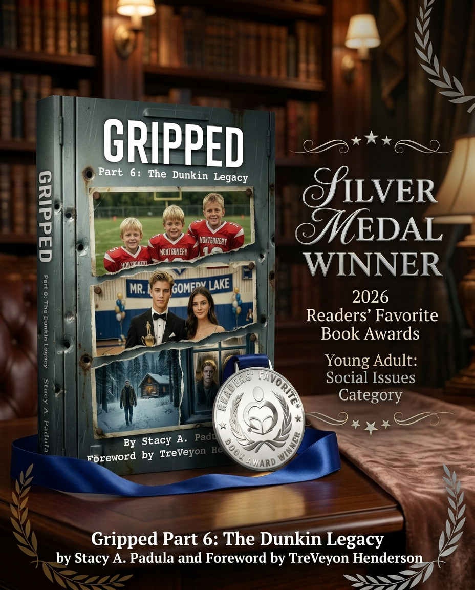 Book cover for 'Gripped Part 6: The Dunkin Legacy' by Stacy A. Padula, featuring images of young athletes and award details including 'Silver Medal Winner' for the 2026 Readers' Favorite Book Awards in the Young Adult: Social Issues Category.