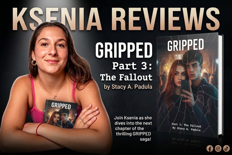 A young woman named Ksenia holding a book titled 'Gripped' with the subtitle 'Part 3: The Fallout' by Stacy A. Padula. The background features promotional text about her review and the book series.