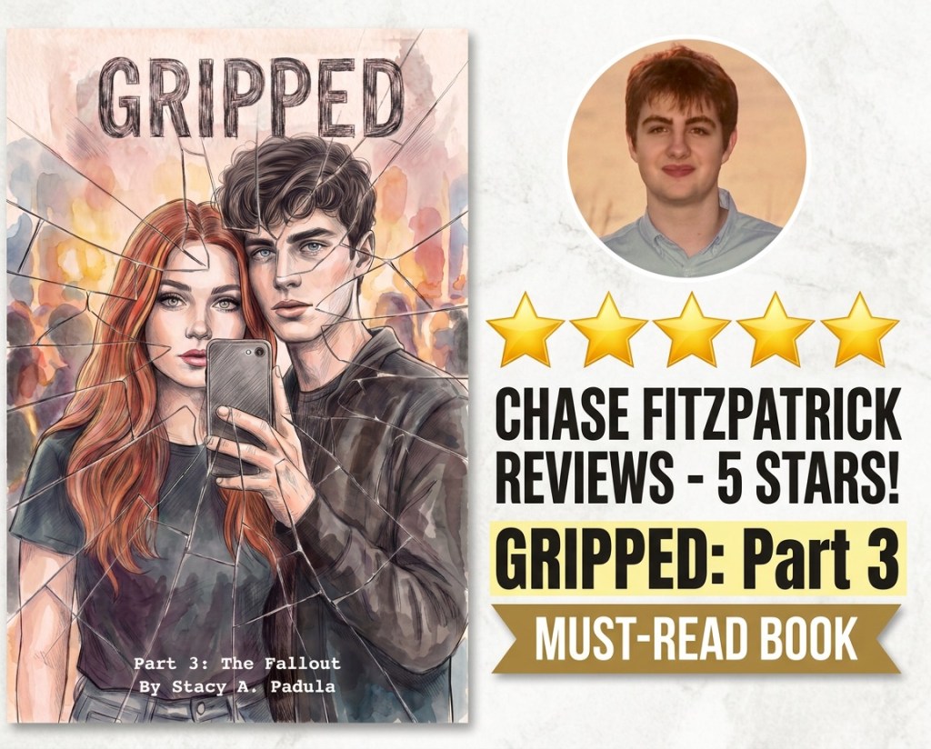 Book cover of 'Gripped: Part 3 - The Fallout' featuring two individuals taking a selfie. The background shows a colorful, blurred scene. A review highlights '5 stars' from Chase Fitzpatrick, emphasizing it as a must-read.