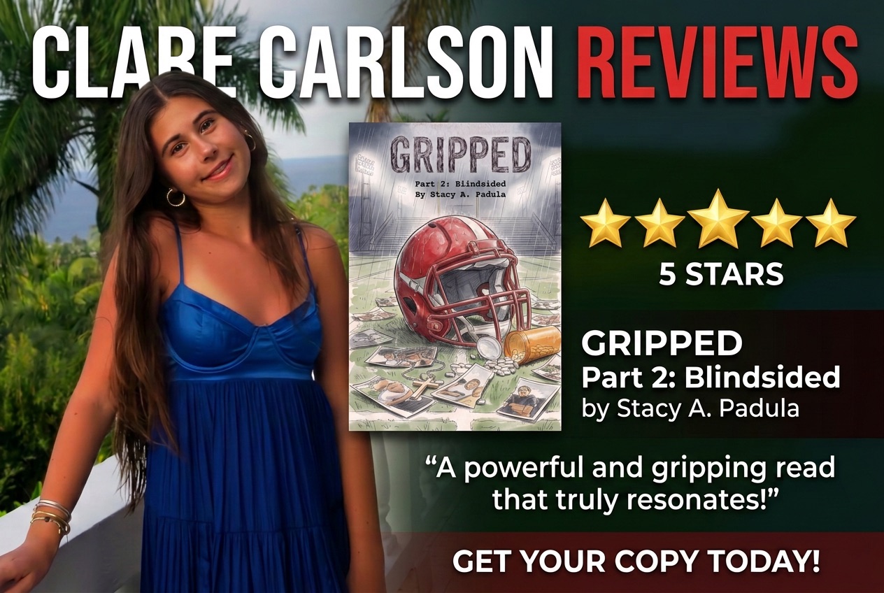 A woman in a blue dress stands in front of greenery, promoting a book called 'Gripped: Part 2: Blindsided' by Stacy A. Padula. The image features a five-star review and a quote praising the book.