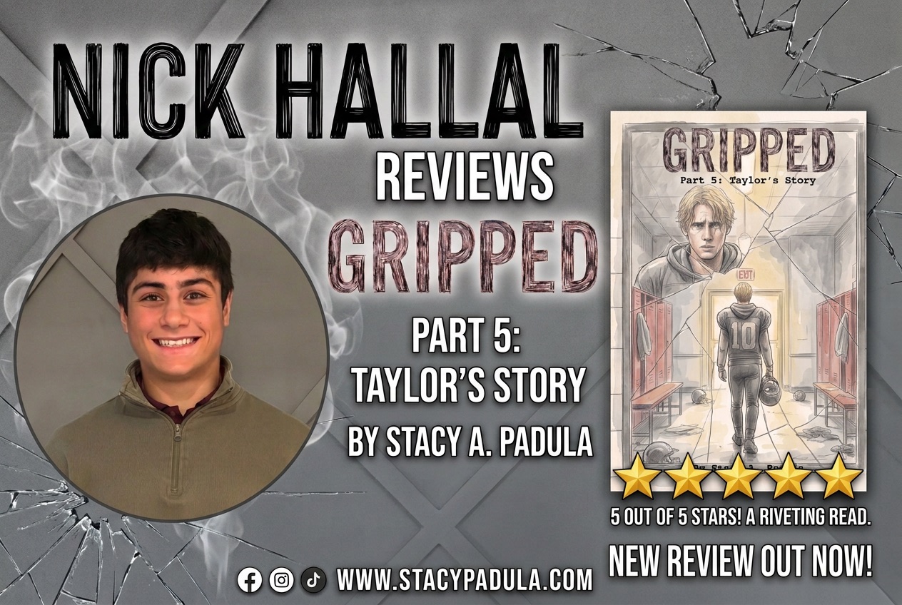 Nick Hallal reviews the book 'Gripped: Part 5: Taylor's Story' by Stacy A. Padula, featuring a positive review rating of 5 out of 5 stars.