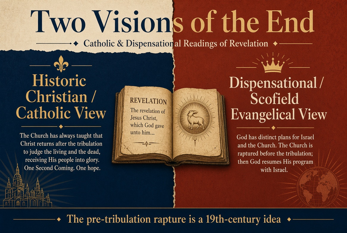 Infographic comparing two views of the end times: Historic Christian/Catholic View and Dispensational/Scofield Evangelical View.