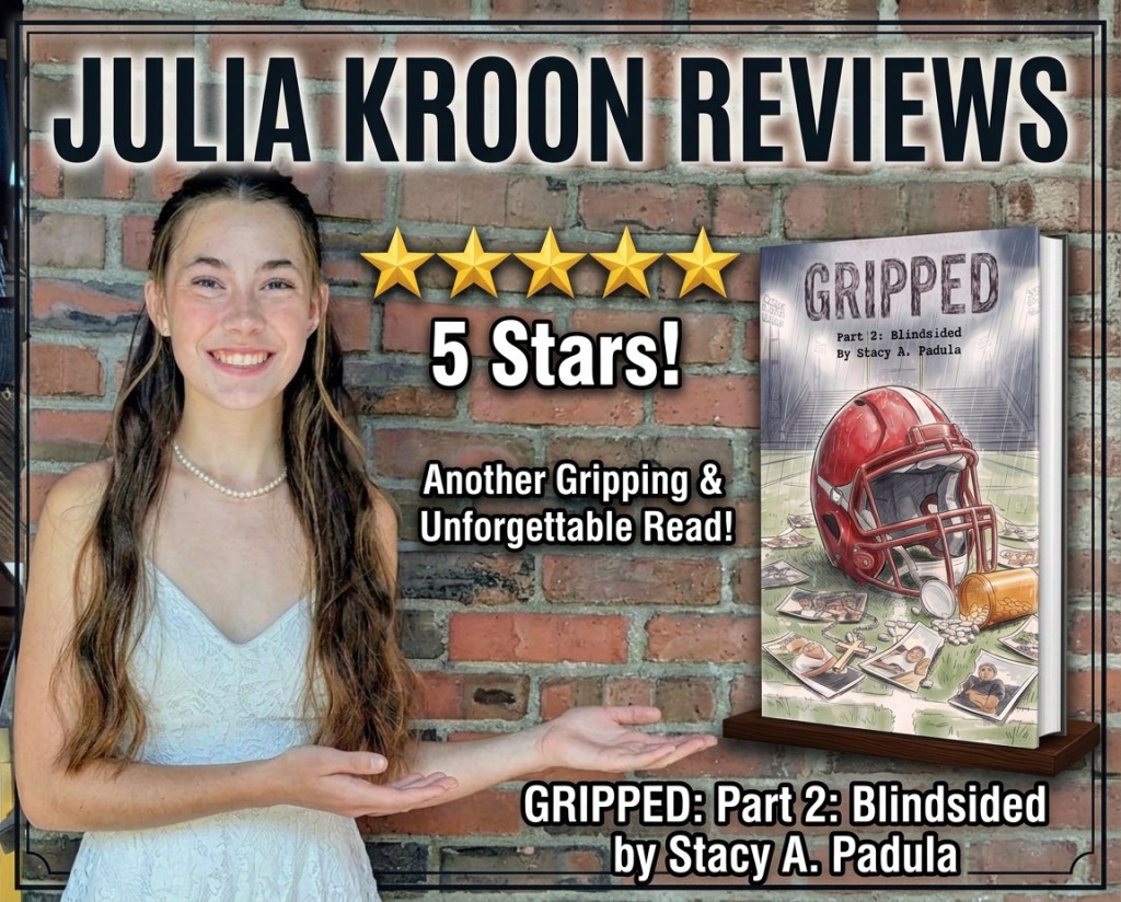 A young woman smiles and presents a review for the book 'Gripped: Part 2: Blindsided' by Stacy A. Padula, featuring a red football helmet and five stars indicating a positive review.